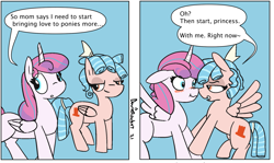 Size: 1817x1080 | Tagged: safe, artist:davierocket, cozy glow, princess flurry heart, alicorn, pegasus, pony, 2 panel comic, and then sex happened, blushing, comic, cozyheart, female, filly, flirting, flying, leg grab, lesbian, lidded eyes, shipping, simple background, speech bubble, spread wings, text, wings