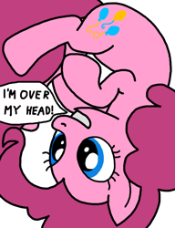 Size: 750x975 | Tagged: safe, artist:nopony, derpibooru import, pinkie pie, earth pony, pony, atg 2021, female, literal, mare, newbie artist training grounds, pun, simple background, solo, speech bubble, transparent background, upside down, visual pun