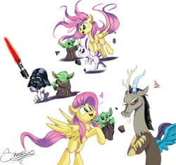 Size: 1280x1200 | Tagged: safe, artist:sketchiix3, derpibooru import, angel bunny, discord, fluttershy, draconequus, pegasus, pony, angry, baby yoda, clothes, cosplay, costume, cross-popping veins, crossover, cute, darth vader, discord is not amused, female, floating heart, grumpy, heart, lightsaber, male, mare, missing cutie mark, open mouth, open smile, simple background, smiling, star wars, toy, toy sword, unamused, white background