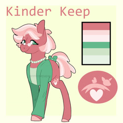 Size: 1280x1280 | Tagged: safe, artist:primrosepaper, derpibooru import, oc, oc:kinder keep, earth pony, pony, bow, clothes, color palette, female, glasses, jacket, jewelry, magical lesbian spawn, mare, necklace, offspring, parent:cheerilee, parent:mayor mare, pearl necklace, shirt, solo, tail bow