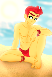 Size: 1080x1596 | Tagged: safe, artist:jvartes6112, derpibooru import, flash magnus, equestria girls, abs, beach, belly button, clothes, cloud, equestria girls-ified, feet, male, male feet, male nipples, nipples, outdoors, partial nudity, sitting, solo, sun, topless