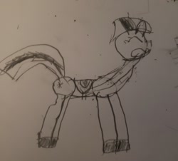 Size: 1512x1368 | Tagged: safe, artist:joeydr, derpibooru import, twilight sparkle, pony, unicorn, boots, eyes closed, female, mare, monochrome, newbie artist training grounds, saddle, shoes, solo, tack, traditional art