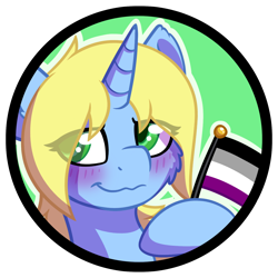 Size: 1380x1382 | Tagged: safe, artist:mynder, derpibooru import, oc, oc only, oc:art's desire, pony, unicorn, asexual pride flag, blushing, eye clipping through hair, female, horn, mare, pride, pride flag, solo, unicorn oc