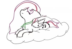 Size: 675x462 | Tagged: safe, artist:priseboom, derpibooru import, oc, oc only, oc:lavender sound, pegasus, pony, cloud, eyes closed, female, lying down, mare, music notes, on a cloud, pegasus oc, simple background, smiling, solo, wings