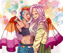 Size: 900x766 | Tagged: safe, artist:itsamourart, derpibooru import, fluttershy, rainbow dash, human, belly button, blushing, breasts, female, flutterdash, hootershy, humanized, lesbian, midriff, pride flag, shipping