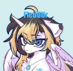 Size: 1916x1860 | Tagged: safe, artist:fleuuur, derpibooru import, oc, oc only, alicorn, pony, alicorn oc, bust, frown, heterochromia, horn, jewelry, necklace, obtrusive watermark, portrait, solo, watermark, wings