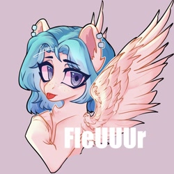 Size: 2048x2048 | Tagged: safe, artist:fleuuur, derpibooru import, oc, oc only, pegasus, pony, :p, bust, ear fluff, ear piercing, earring, ears, female, freckles, high res, jewelry, mare, obtrusive watermark, pegasus oc, piercing, portrait, solo, spread wings, tongue, tongue out, unshorn fetlocks, watermark, wings