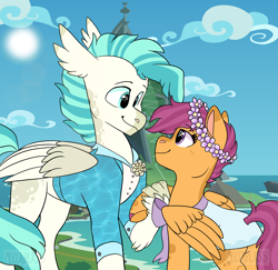 Size: 2108x2048 | Tagged: safe, artist:moccabliss, derpibooru import, scootaloo, terramar, classical hippogriff, hippogriff, pegasus, pony, bride, clothes, dress, female, floral head wreath, flower, groom, high res, holding hooves, male, mare, marriage, older, older scootaloo, older terramar, shipping, straight, terraloo, tuxedo, wedding