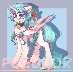 Size: 2325x2318 | Tagged: safe, artist:fleuuur, derpibooru import, oc, oc only, oc:单子, alicorn, pony, alicorn oc, bell, bow, chest fluff, collar, ear fluff, ears, female, glasses, hair bow, high res, horn, looking at you, mare, obtrusive watermark, ponytail, smiling, smiling at you, solo, square background, unshorn fetlocks, watermark, wings