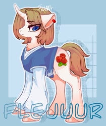 Size: 1862x2217 | Tagged: safe, artist:fleuuur, derpibooru import, oc, oc only, pony, unicorn, chest fluff, clothes, curved horn, ear piercing, earring, horn, jewelry, lidded eyes, obtrusive watermark, piercing, shirt, solo, unicorn oc, watermark