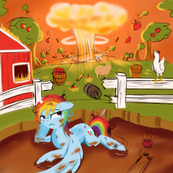 Size: 2000x2000 | Tagged: safe, artist:darksly, derpibooru import, rainbow dash, bird, chicken, pegasus, pig, pony, apple, atg 2021, burning, dirty, explosion, fence, fire, food, mud, mushroom cloud, newbie artist training grounds, unamused