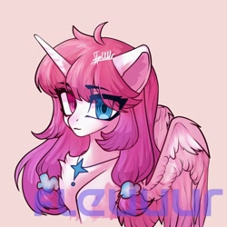 Size: 2048x2048 | Tagged: safe, artist:fleuuur, derpibooru import, oc, oc only, alicorn, pony, alicorn oc, bust, chest fluff, colored wings, ear fluff, ears, heterochromia, horn, jewelry, necklace, obtrusive watermark, portrait, solo, watermark, wings
