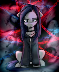 Size: 884x1080 | Tagged: safe, artist:megabait, derpibooru import, oc, oc only, oc:megabait, pony, chains, choker, clothes, dark, depression, ears, floppy ears, hoodie, solo, studded choker