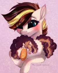 Size: 1752x2188 | Tagged: safe, artist:krissstudios, derpibooru import, oc, oc only, earth pony, pony, unicorn, bread, chubbie, female, food, mare