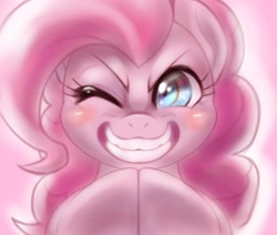 Size: 2048x1740 | Tagged: safe, artist:kurogewapony, derpibooru import, pinkie pie, earth pony, pony, blushing, close-up, evil grin, gendo pose, grin, one eye closed, smiling, solo, wink