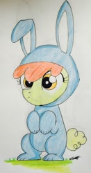 Size: 653x1244 | Tagged: safe, artist:entou, derpibooru import, apple bloom, earth pony, pony, adorabloom, animal costume, bunny bloom, bunny costume, clothes, costume, cute, easter, female, filly, holiday, solo, traditional art