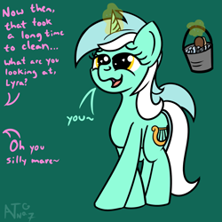 Size: 1999x1999 | Tagged: safe, artist:dafiltafish, derpibooru import, bon bon, lyra heartstrings, sweetie drops, pony, unicorn, comic:day by day, atg 2021, bucket, female, glowing horn, horn, implied bon bon, lesbian, lyrabon, magic, magic aura, mare, newbie artist training grounds, offscreen character, offscreen female, open mouth, open smile, shipping, simple background, smiling, talking, telekinesis