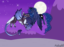 Size: 2622x1916 | Tagged: safe, artist:misskanabelle, derpibooru import, princess luna, oc, oc:somnus, alicorn, pony, duo, ethereal mane, female, flying, full moon, horn, mare, moon, mountain, night, outdoors, signature, starry mane, stars