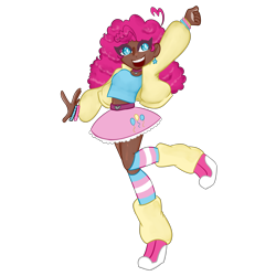 Size: 3000x3000 | Tagged: safe, artist:verryberrymochi, derpibooru import, pinkie pie, human, alternate hairstyle, belt, bracelet, clothes, dark skin, ear piercing, earring, female, grin, humanized, jacket, jewelry, leg warmers, midriff, open mouth, piercing, pride, pride flag, simple background, skirt, smiling, socks, solo, striped socks, tanktop, trans female, transgender, transgender pride flag, transparent background, wristband