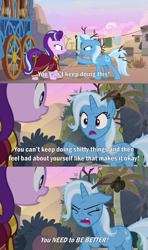 Size: 2000x3375 | Tagged: safe, derpibooru import, edit, edited screencap, screencap, starlight glimmer, trixie, pony, unicorn, road to friendship, angry, bojack horseman, caption, clothes, comic, duo, duo female, ears, eyes closed, female, floppy ears, hoo'far's wagon, image macro, leaves, mare, messy mane, open mouth, pointing, raised hoof, raised leg, reference, robe, screencap comic, stick, text, vulgar