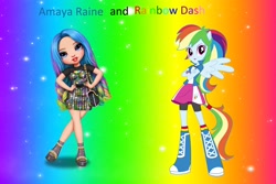 Size: 3000x2000 | Tagged: safe, artist:aaliyah_rosado, artist:magical-mama, artist:sugar-loop, artist:user15432, derpibooru import, rainbow dash, human, equestria girls, amaya raine, barely eqg related, bracelet, clothes, crossed arms, crossover, hands on hip, jewelry, looking at you, multicolored hair, pegasus wings, ponied up, rainbow background, rainbow hair, rainbow high, sparkly background, wings