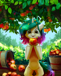 Size: 2629x3266 | Tagged: safe, artist:teaflower300, derpibooru import, oc, oc only, pony, unicorn, apple, apple tree, female, food, herbivore, horn, open mouth, solo, tree, unicorn oc