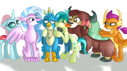 Size: 1600x900 | Tagged: safe, artist:jbond, derpibooru import, gallus, ocellus, sandbar, silverstream, smolder, yona, changedling, changeling, classical hippogriff, dragon, earth pony, griffon, hippogriff, pony, yak, biting, bow, cloven hooves, colored hooves, dragoness, ear bite, eyes closed, female, gallstream, gallus gets all the creatures, grooming, hair bow, licking, male, massage, monkey swings, nuzzling, preening, shipping, simple background, straight, student six, teenager, tongue, tongue out, white background, yonabar