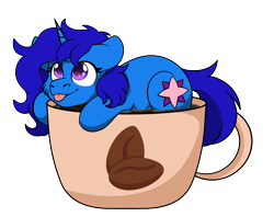 Size: 1280x1016 | Tagged: safe, artist:rokosmith26, derpibooru import, oc, oc only, oc:delly, pony, unicorn, cheek fluff, coffee, coffee cup, commission, cup, cup of pony, female, horn, long mane, looking up, mare, micro, pink eyes, simple background, solo, tail, tongue, tongue out, transparent background, ych result