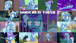 Size: 1280x721 | Tagged: safe, derpibooru import, edit, edited screencap, editor:quoterific, screencap, pharynx, trixie, changeling, pony, unicorn, boast busters, magic duel, no second prances, to change a changeling, to where and back again, alicorn amulet, bipedal, cape, clothes, collage, cup, duo, female, gritted teeth, hat, hissing, male, night, open mouth, school of friendship, solo, stick, teacup, teeth, trixie's cape, trixie's hat, twilight's castle