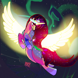 Size: 3000x3000 | Tagged: safe, artist:umbrapone, derpibooru import, radiance, oc, oc:galactic, alicorn, aurora borealis, backlighting, complex background, ethereal mane, galaxy mane, glowing eyes, glowing horn, glowing wings, gradient lineart, horn, shading, stars, wings