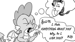 Size: 1200x675 | Tagged: safe, artist:pony-berserker, derpibooru import, rarity, spike, dragon, pony-berserker's twitter sketches, eyes closed, monochrome, song, three days grace, winged spike