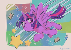 Size: 1884x1327 | Tagged: safe, artist:lexiedraw, derpibooru import, twilight sparkle, twilight sparkle (alicorn), alicorn, pony, book, female, flying, looking back, mare, solo, stars