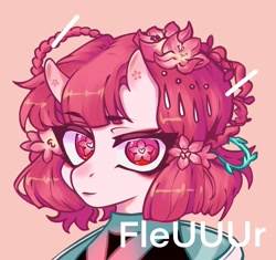 Size: 1999x1880 | Tagged: safe, artist:fleuuur, derpibooru import, oc, oc only, pony, braid, bust, cherry blossoms, clothes, ear fluff, ears, eyebrows, eyebrows visible through hair, flower, flower blossom, horns, obtrusive watermark, portrait, solo, watermark