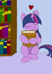 Size: 1358x1920 | Tagged: safe, artist:darkdabula, derpibooru import, twilight sparkle, twilight sparkle (alicorn), alicorn, bookhorse, bookshelf, sitting, solo