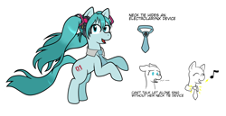 Size: 1738x894 | Tagged: safe, artist:scraggleman, derpibooru import, earth pony, pony, accessories, anime, hatsune miku, headcanon, headphones, necktie, pigtails, solo, text, vocaloid