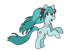 Size: 1226x875 | Tagged: safe, artist:scraggleman, derpibooru import, earth pony, pony, accessories, anime, hatsune miku, headphones, necktie, pigtails, simple background, solo, transparent background, vocaloid