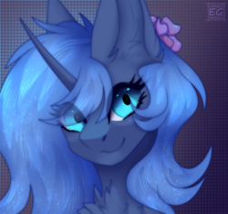 Size: 2304x2160 | Tagged: safe, artist:elektra-gertly, derpibooru import, princess luna, alicorn, pony, chest fluff, cute, ear fluff, ears, female, flower, flower in hair, lunabetes, solo