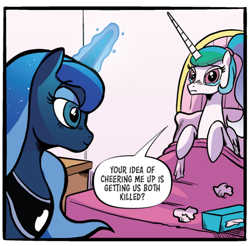 Size: 742x729 | Tagged: safe, derpibooru import, idw, princess celestia, princess luna, alicorn, spoiler:comic, spoiler:comic98, alternate hairstyle, bed, cropped, cropped comic, crying, out of context, sad, speech bubble, tissue, tissue box