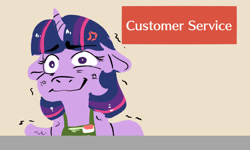 Size: 1024x615 | Tagged: safe, artist:miyathegoldenflower, derpibooru import, twilight sparkle, twilight sparkle (alicorn), alicorn, apron, clothes, cross-popping veins, customer service, eye twitch, female, mare, solo, stressed