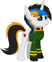 Size: 1228x1482 | Tagged: safe, artist:lonebigcity, derpibooru import, oc, oc only, oc:nova marigold, pony, unicorn, clothes, eye clipping through hair, female, horn, mare, simple background, smiling, solo, transparent background, unicorn oc, uniform