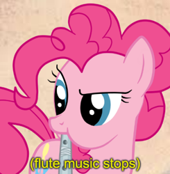 Size: 434x443 | Tagged: safe, derpibooru import, pinkie pie, swarm of the century, exploitable meme, female, flute, jazz music stops, mare, meme, musical instrument, solo