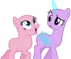 Size: 748x617 | Tagged: safe, artist:shiibases, derpibooru import, oc, oc only, alicorn, earth pony, pony, alicorn oc, bald, base, confused, duo, duo female, earth pony oc, eyelashes, female, frown, horn, looking back, looking up, mare, open mouth, open smile, simple background, smiling, transparent background, wings