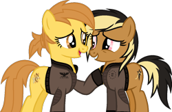 Size: 1082x710 | Tagged: safe, artist:pegasski, artist:twiily-bases, derpibooru import, oc, oc only, oc:anna autumn, earth pony, pony, base used, clothes, duo, duo female, earth pony oc, eyelashes, female, grin, looking at each other, mare, open mouth, open smile, raised hoof, raised leg, simple background, smiling, smiling at each other, transparent background