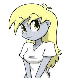 Size: 800x800 | Tagged: safe, artist:empyu, derpibooru import, derpy hooves, equestria girls, bust, clothes, eyebrows, eyebrows visible through hair, female, looking at you, portrait, shirt, simple background, smiling, smiling at you, solo, t-shirt, underp, white background
