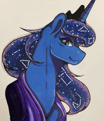Size: 1099x1280 | Tagged: safe, artist:nightmare-moons-throneroom, edit, editor:edits of hate, editor:unofficial edits thread, twibooru import, princess luna, alicorn, pony, constellation, cream background, ethereal mane, eyeshadow, female, image, jewelry, looking at you, looking sideways, makeup, mare, missing accessory, night, png, side view, simple background, solo, starry mane, tiara, traditional art