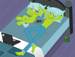 Size: 1280x989 | Tagged: safe, artist:excelso36, part of a set, oc, oc only, oc:excelso, pony, unicorn, equestria girls, barefoot, bed, belly button, cellphone, chillaxing, clothes, computer, feet, glasses, horn, human ponidox, jeans, laptop computer, male, male feet, male nipples, males only, nipples, pants, phone, self ponidox, small horn, stallion