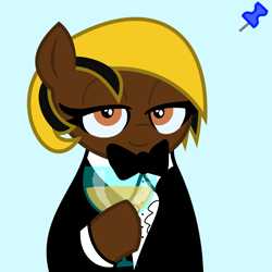 Size: 2048x2048 | Tagged: artist needed, safe, oc, oc only, oc:acres, earth pony, pony, acres avatar, base used, blonde, blonde mane, bowtie, brown coat, clothes, female, hoof hold, looking at you, mare, smiling, solo, tuxedo, wine, wine glass