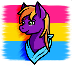 Size: 621x571 | Tagged: safe, artist:deathtoaster, derpibooru import, oc, oc:burningstar, pegasus, pony, bust, clothes, cute, pansexual, pansexual pride flag, portrait, pride, pride flag, pride month, scarf, smiling, solo