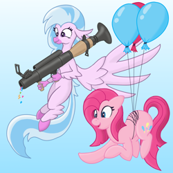 Size: 1280x1280 | Tagged: safe, artist:darkgred, derpibooru import, pinkie pie, silverstream, classical hippogriff, earth pony, hippogriff, pony, confetti, cute, cuteamena, duo, duo female, female, mare, pinkamena diane pie, rocket launcher, streamers, team fortress 2, weapon