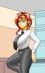 Size: 1000x1600 | Tagged: safe, artist:zachc, derpibooru import, sunset shimmer, equestria girls, clothes, female, necktie, office, solo